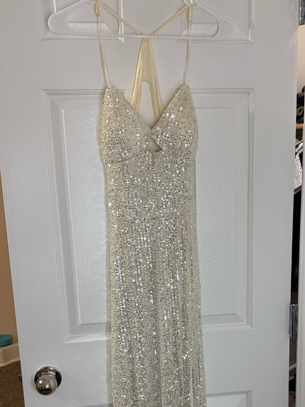 Formal Prom Ivory Sequin Spaghetti Strap Gown